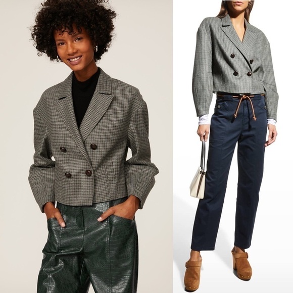 NWT VERONICA BEARD Wool Houndstooth Double Breasted Puff Sleeves Crop Blazer 12 - Picture 3 of 14